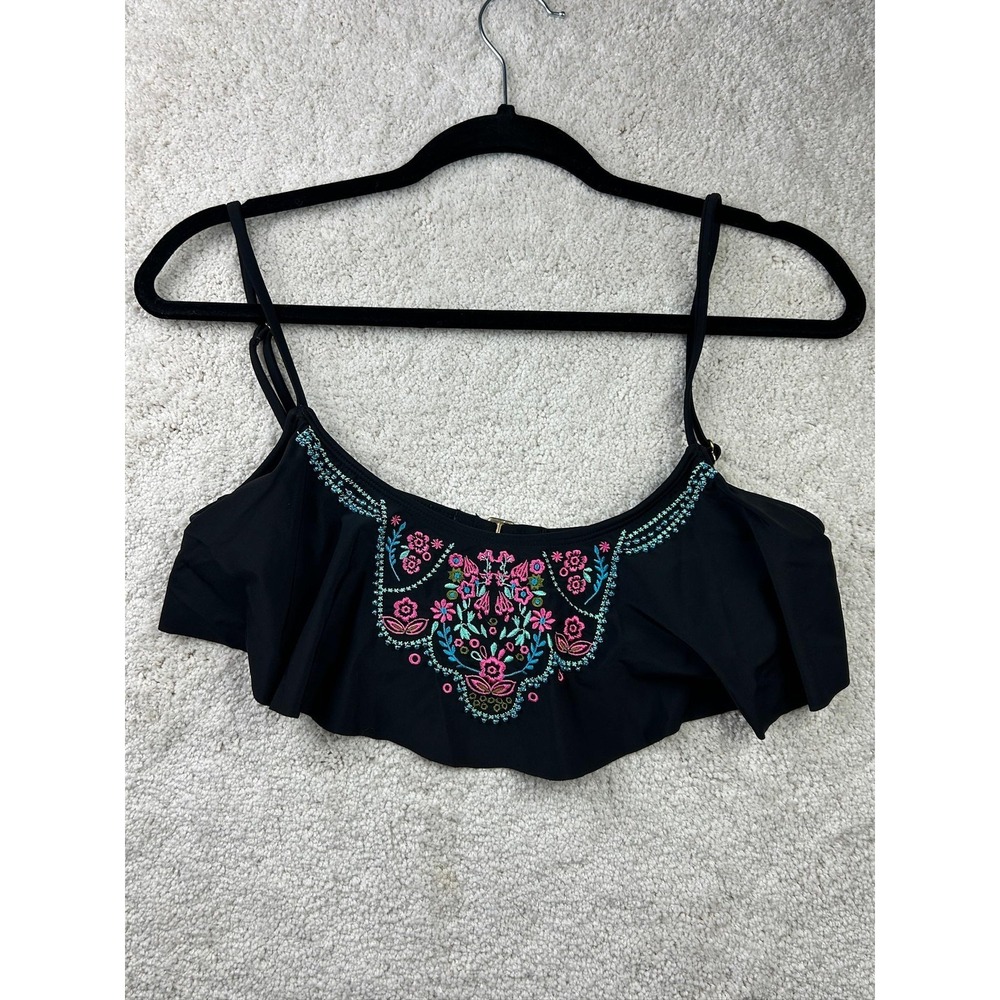 Boho Embroidered‎ Bikini Swim Top Womens Medium Floral Fringe Festival Beachwear